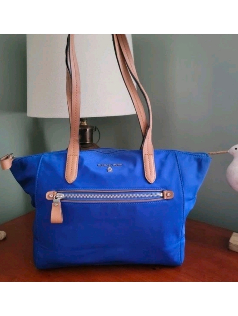 Michael Kors Kelsey Medium Tote Cobalt Blue Nylon Leather Shoulder Bag